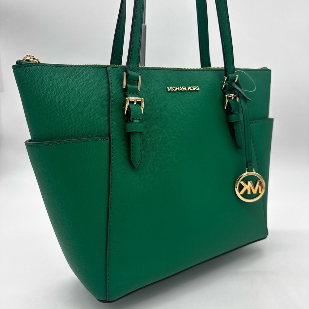 Michael Kors Large Charlotte Tote Bag Green/Gold - Picture 3 of 12